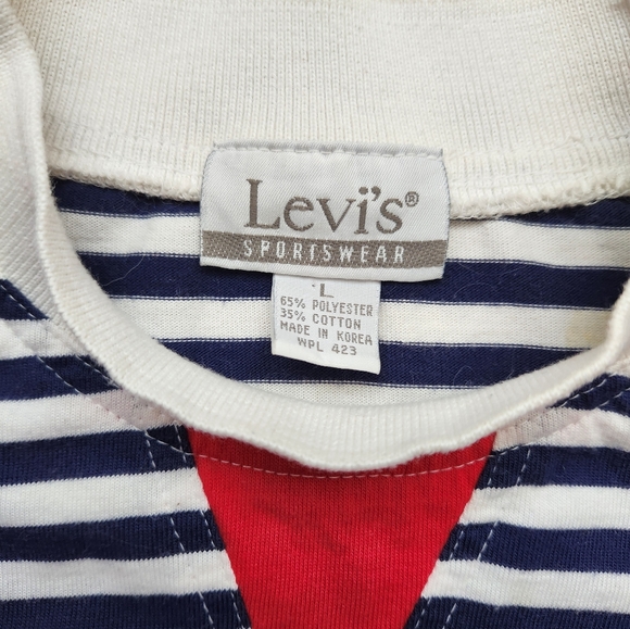 Vintage LEVI'S top, navy blue, red white stripes. Size L. Crew Neck Tshirt - Picture 2 of 5